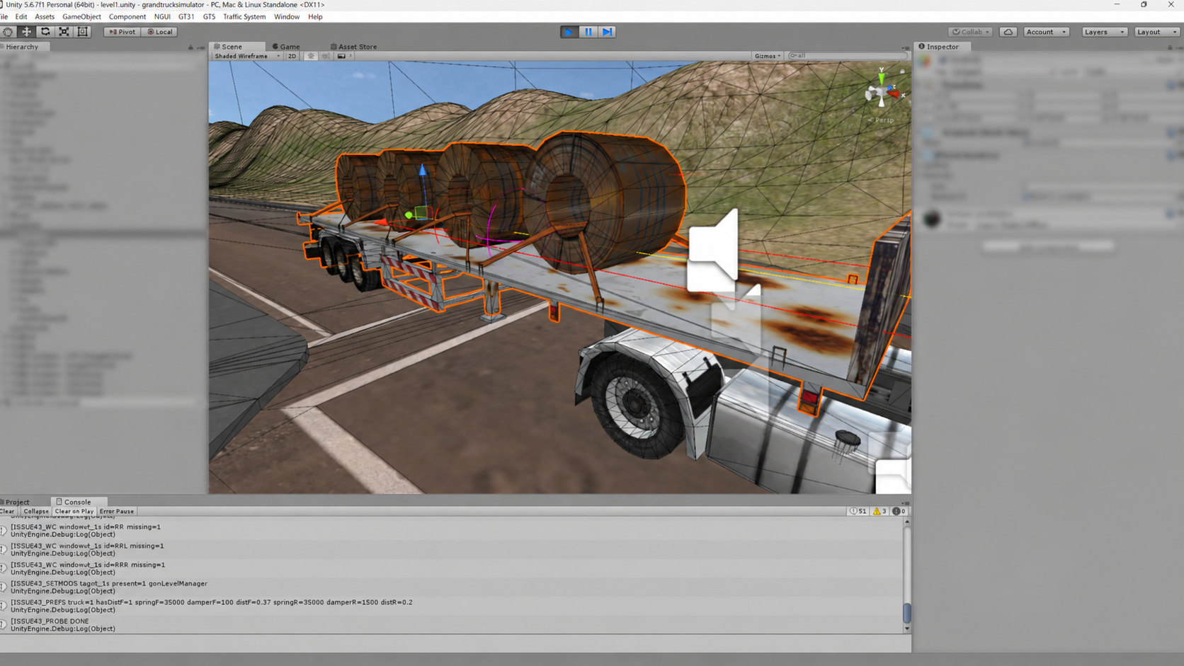 Vista do editor Unity com uma carreta de GTS1 selecionada para revisão de sua estrutura e carga