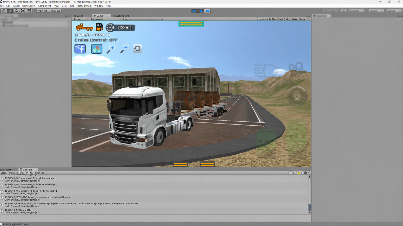 Caminhão e carreta do Grand Truck Simulator original durante um teste de desenvolvimento no Unity