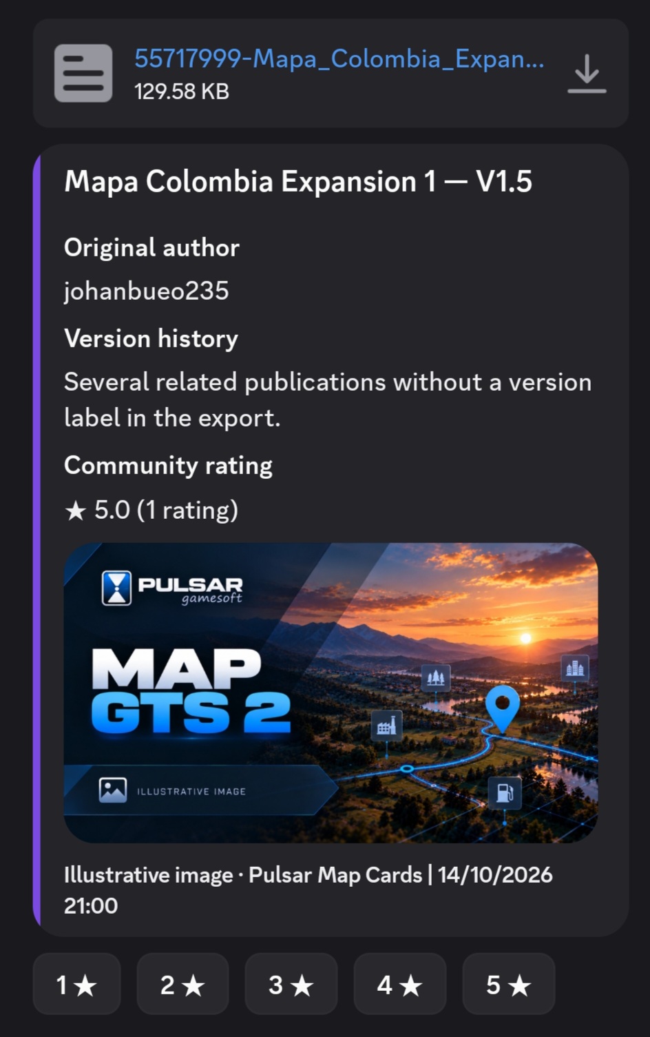 Exemplo de Map Card — Mapa Colombia Expansion 1 V1.5 com avaliação da comunidade
