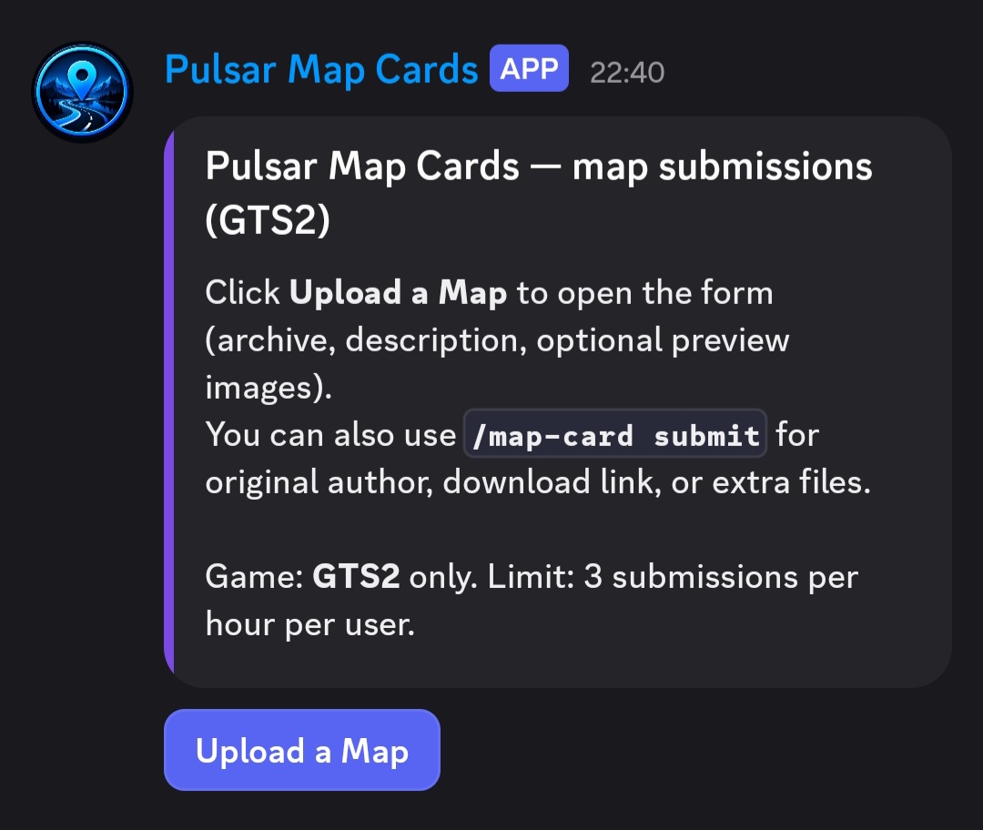 Ponto de entrada Upload a Map no canal Pulsar Map Cards